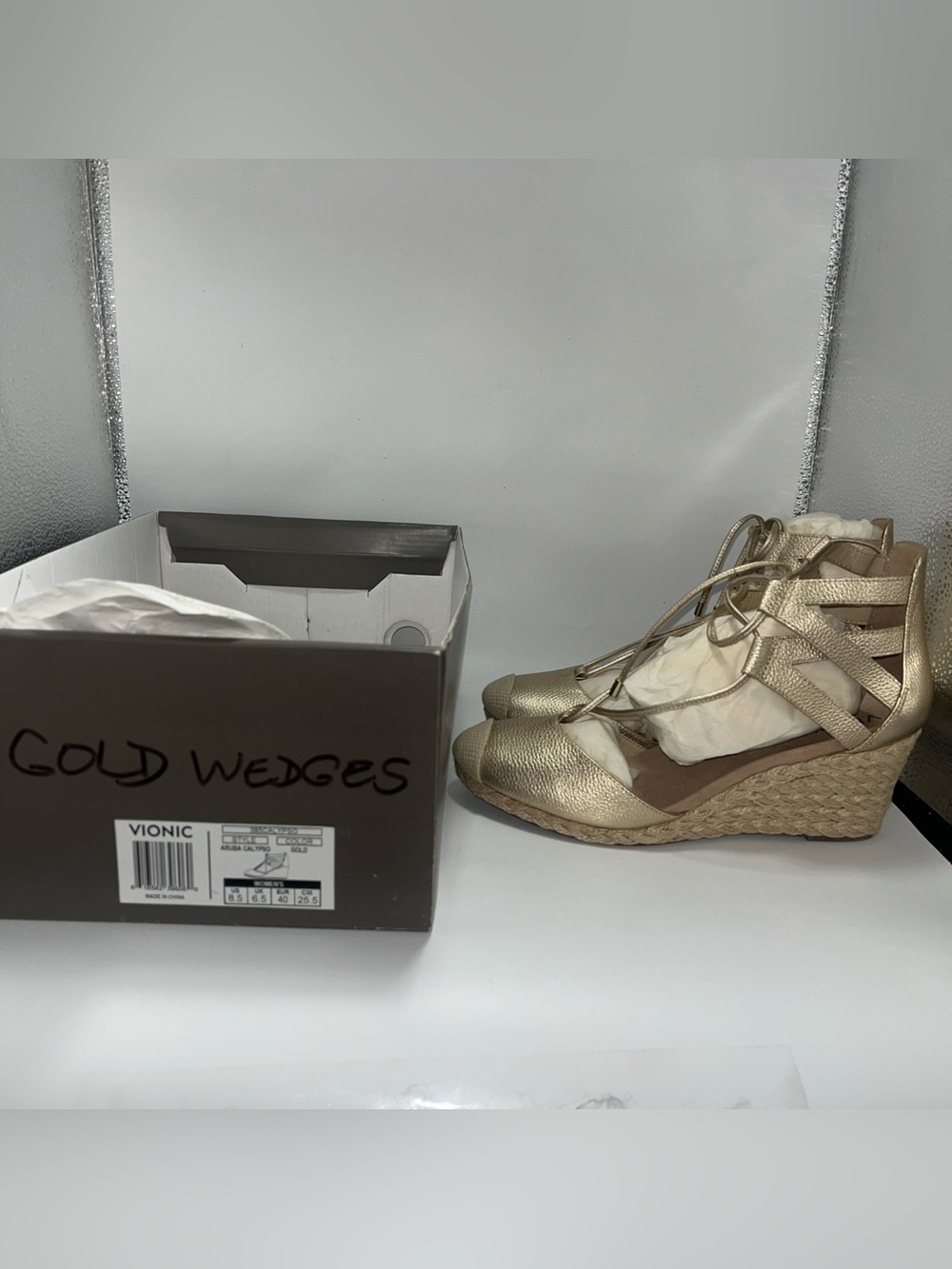 Vionic Gold Aruba Calypso Espadrilles Wedge Women's Sandals Sz 8.5